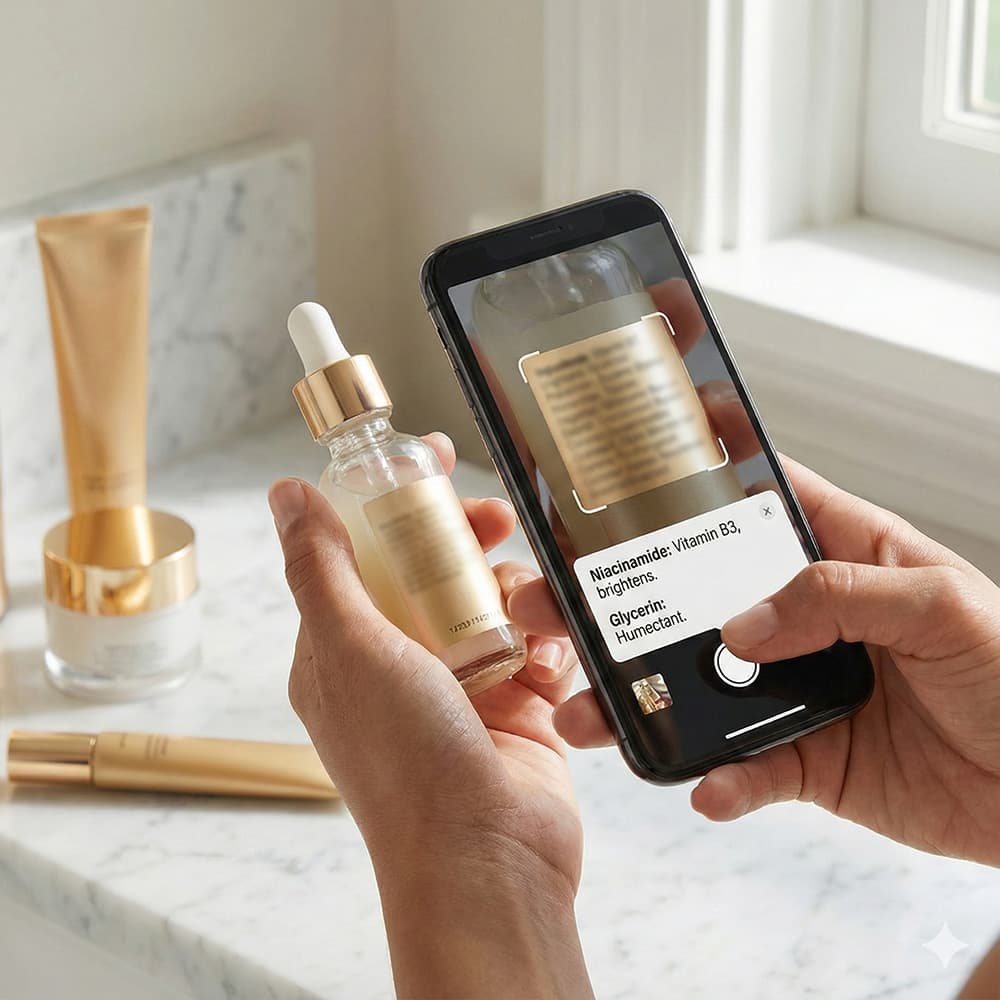 Person scanning cosmetic product ingredients with smartphone app